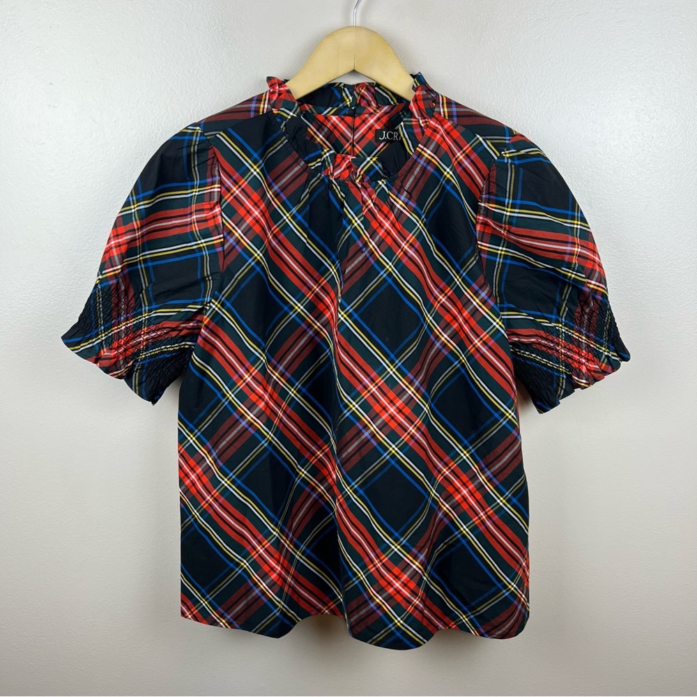 J. Crew Plaid Short-Sleeve Ruffled Neck Top - Navy & Red